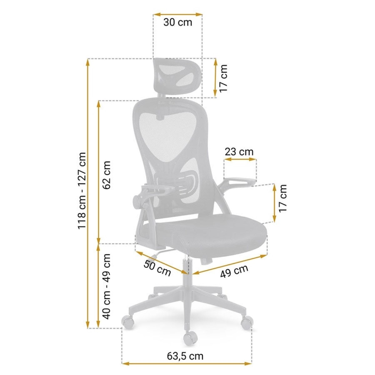 Una silla de oficina con dimensiones: 118-127 cm alto, 63,5 cm ancho.