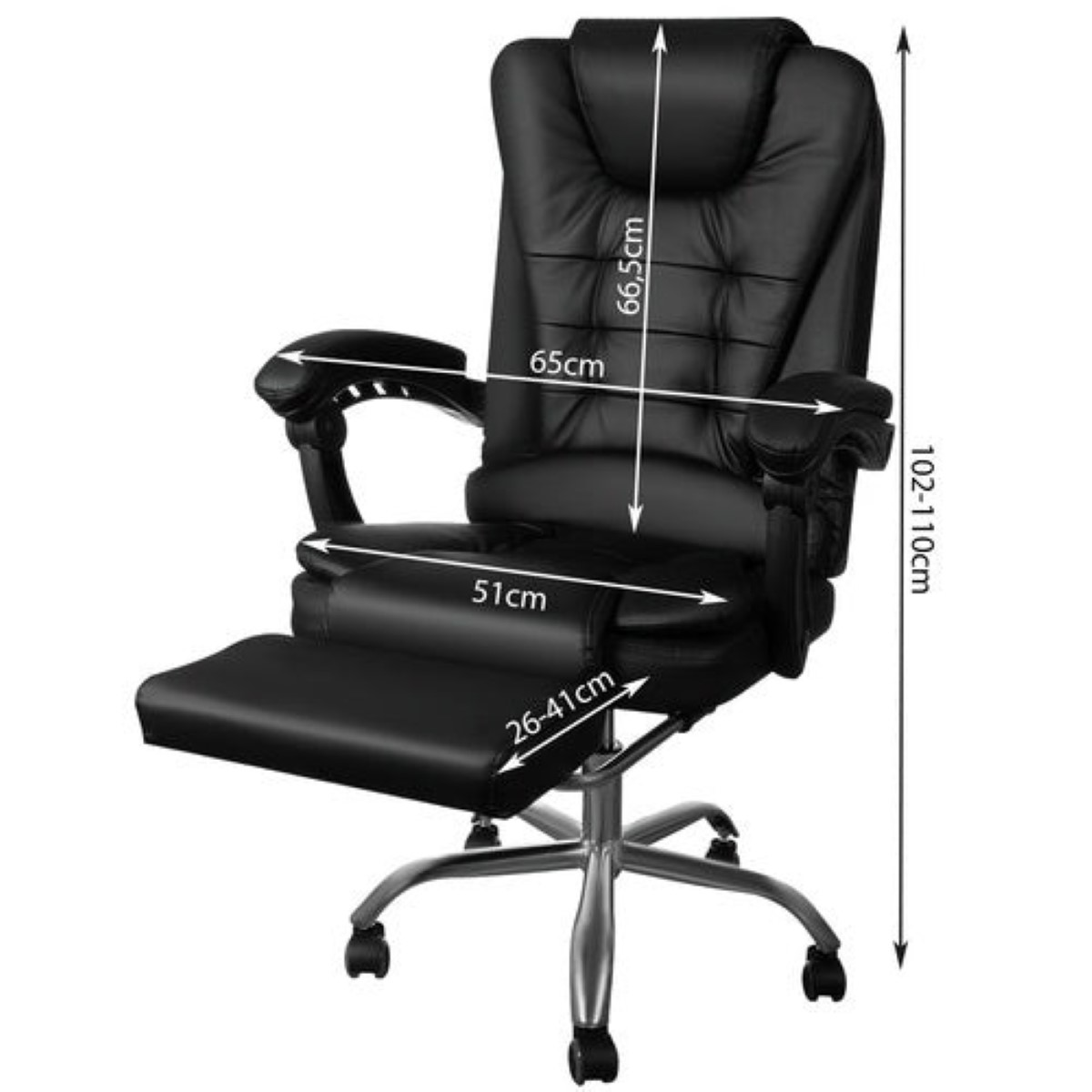 Silla de oficina negra con dimensiones: 66,5 cm alto, 65 cm ancho, 51 cm prof.