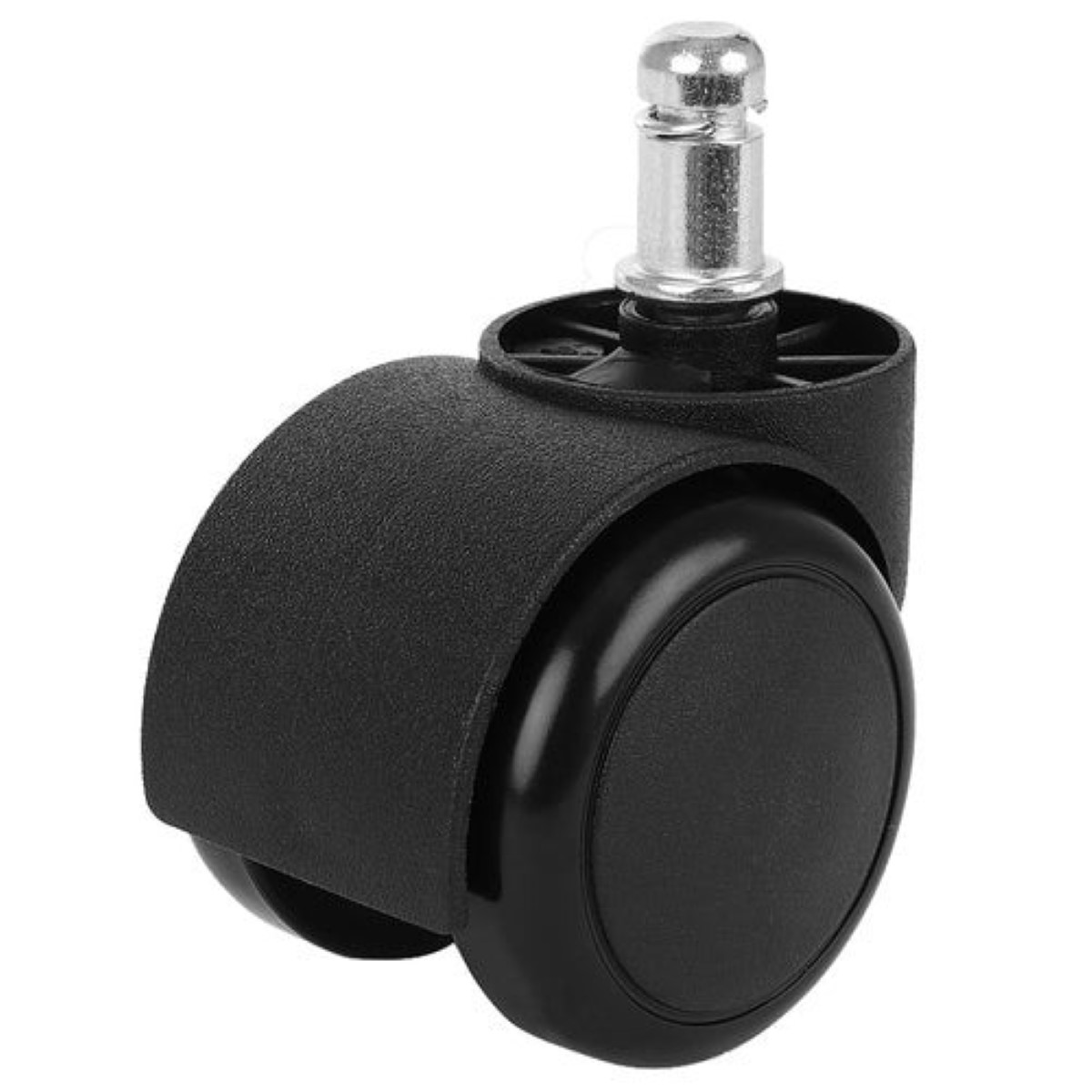 Una rueda giratoria doble negra con vástago metálico para sillas de oficina.