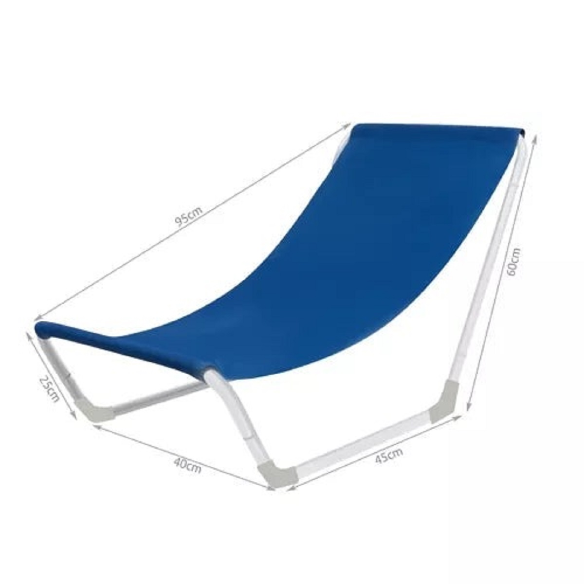 Tumbona azul con patas de metal blanco y dimensiones.