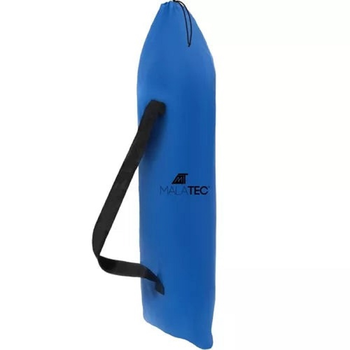 Una bolsa azul alargada con correa de transporte negra y logo.