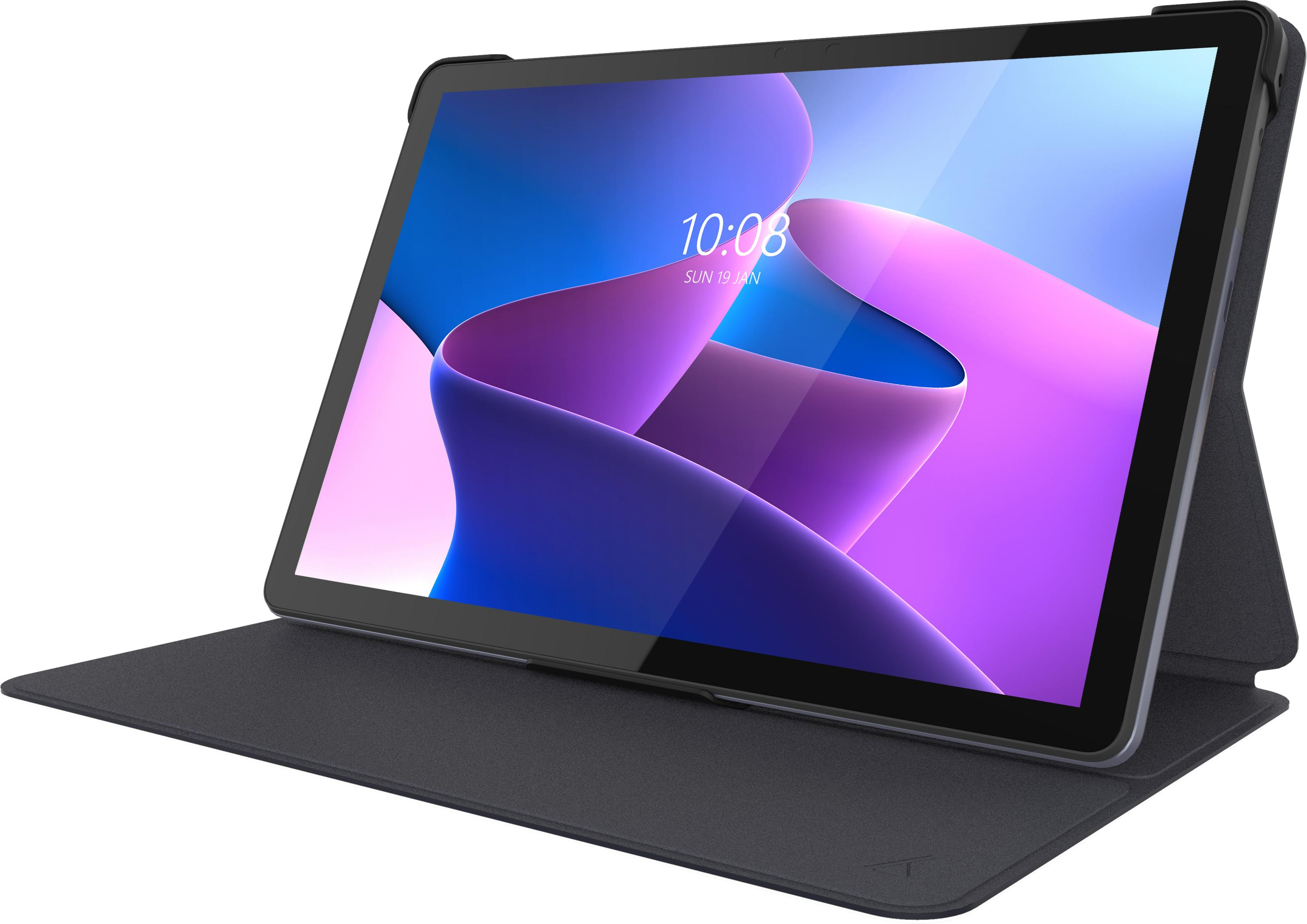 Una tablet oscura con fondo de pantalla colorido y funda con teclado. Muestra las 10:08.