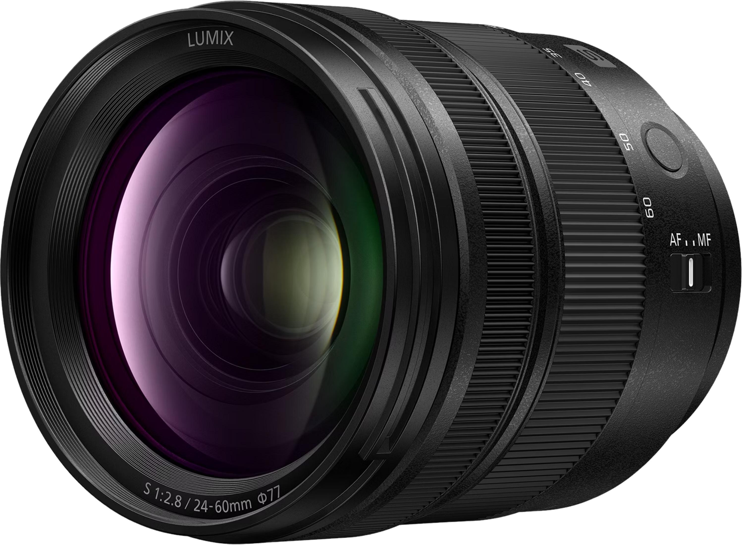 Ein schwarzes Lumix-Objektiv mit lila und grünen Reflexionen auf der Linse.