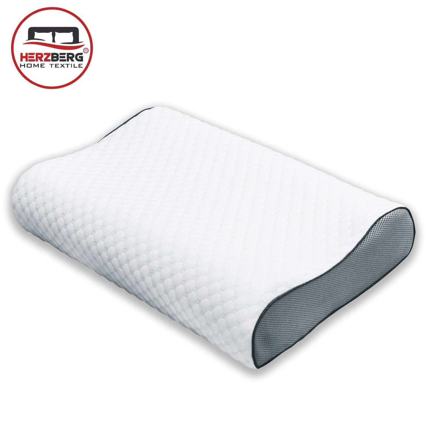 Una almohada ortopédica blanca con patrón de gofres y lados de malla gris.