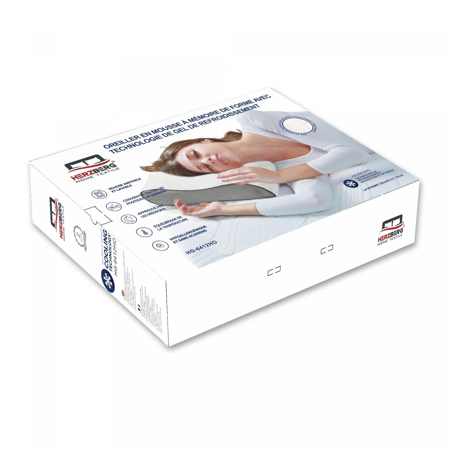 Caja de almohada Herzberg con mujer durmiendo, con tecnología de enfriamiento.