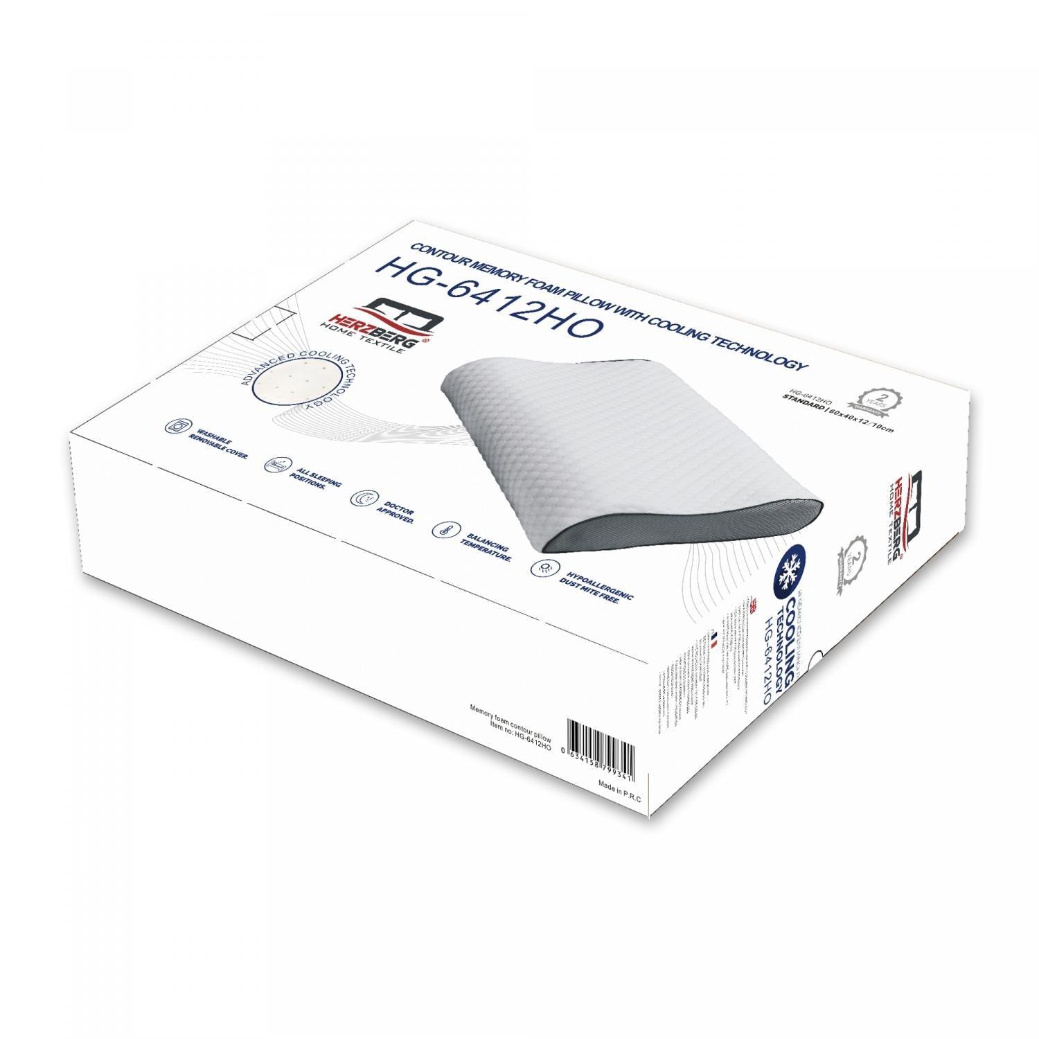 Caja blanca con almohada viscoelástica contorneada Herzberg con tecnología de enfriamiento.