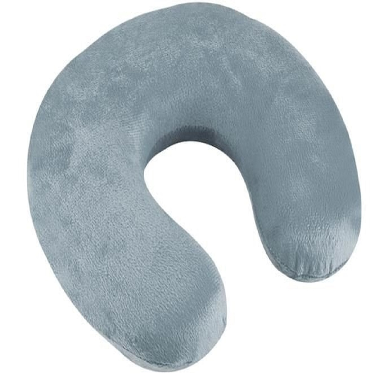 Una almohada de viaje gris para el cuello de tela suave.