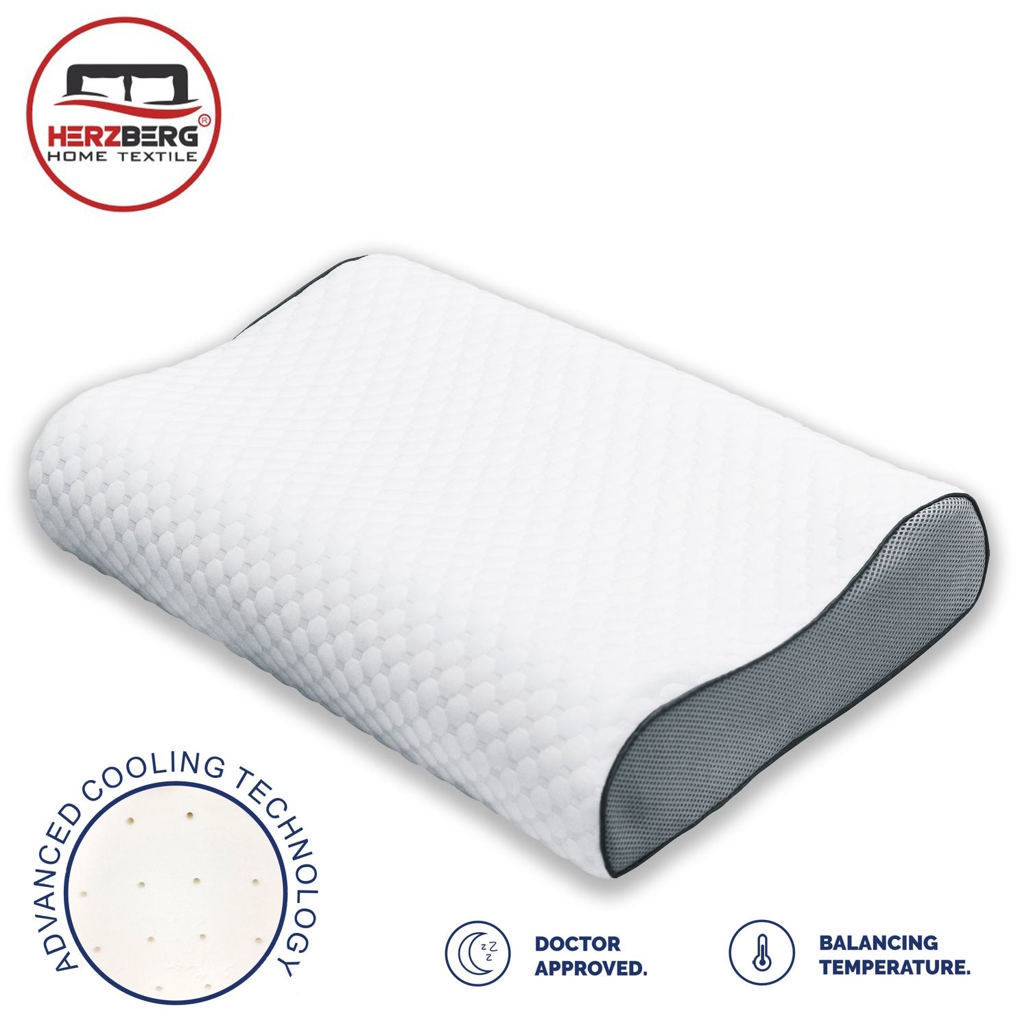 Una almohada ortopédica blanca con laterales grises y el logo de Herzberg.