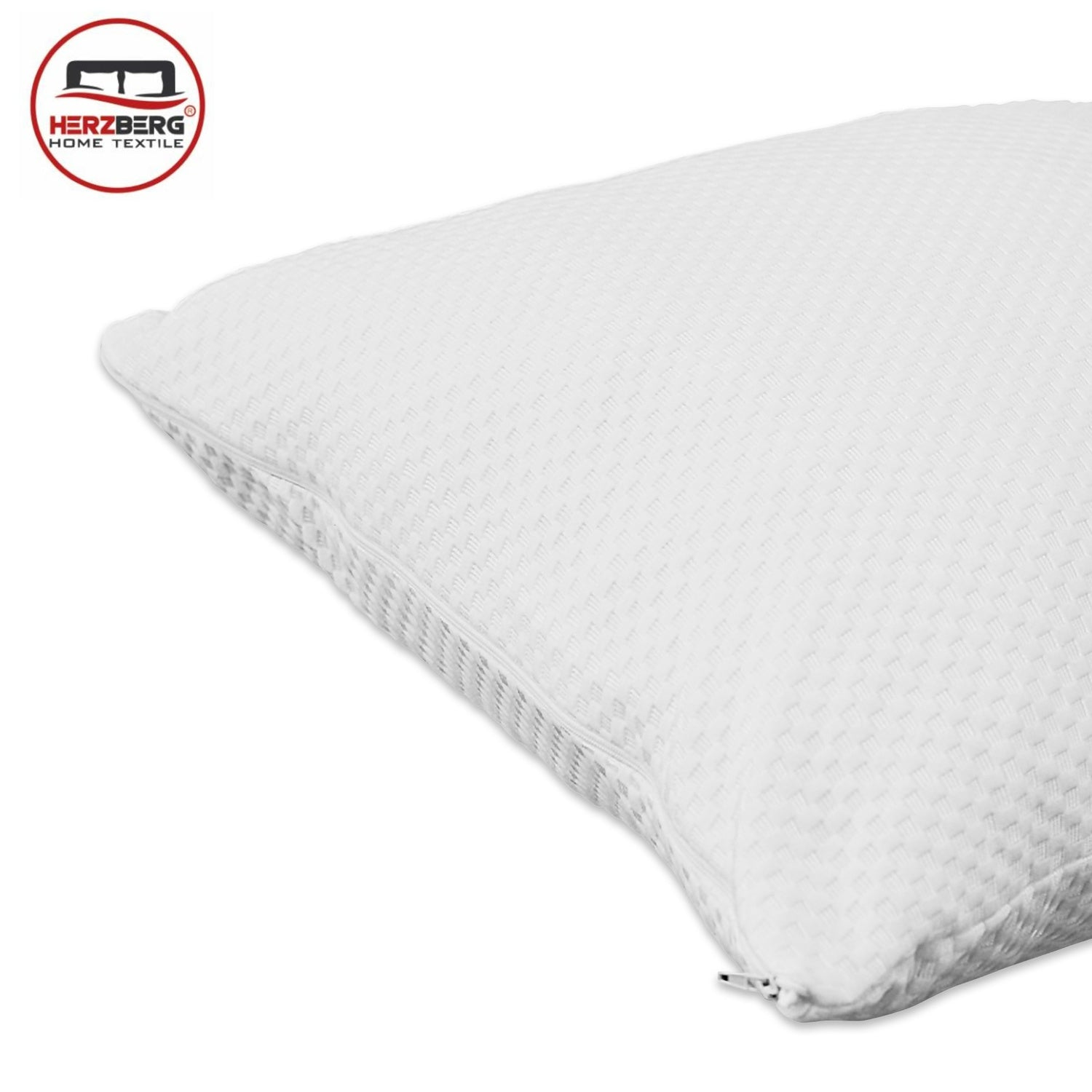 Una almohada blanca con superficie texturizada y cremallera visible. El logo de Herzberg está en la esquina superior izquierda.