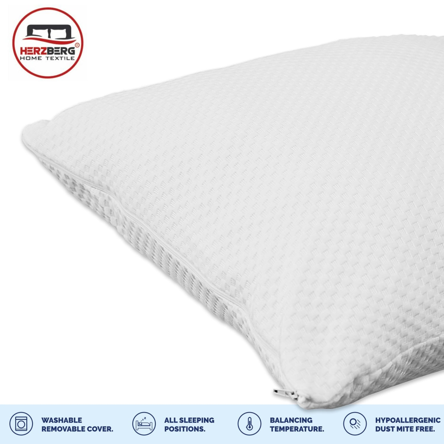 Almohada blanca con cremallera y logo de Herzberg. Con iconos para lavado, posición, temperatura e hipoalergénico.