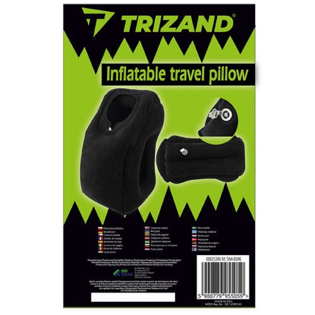 Almohada de viaje inflable negra de Trizand con logo e información del producto.