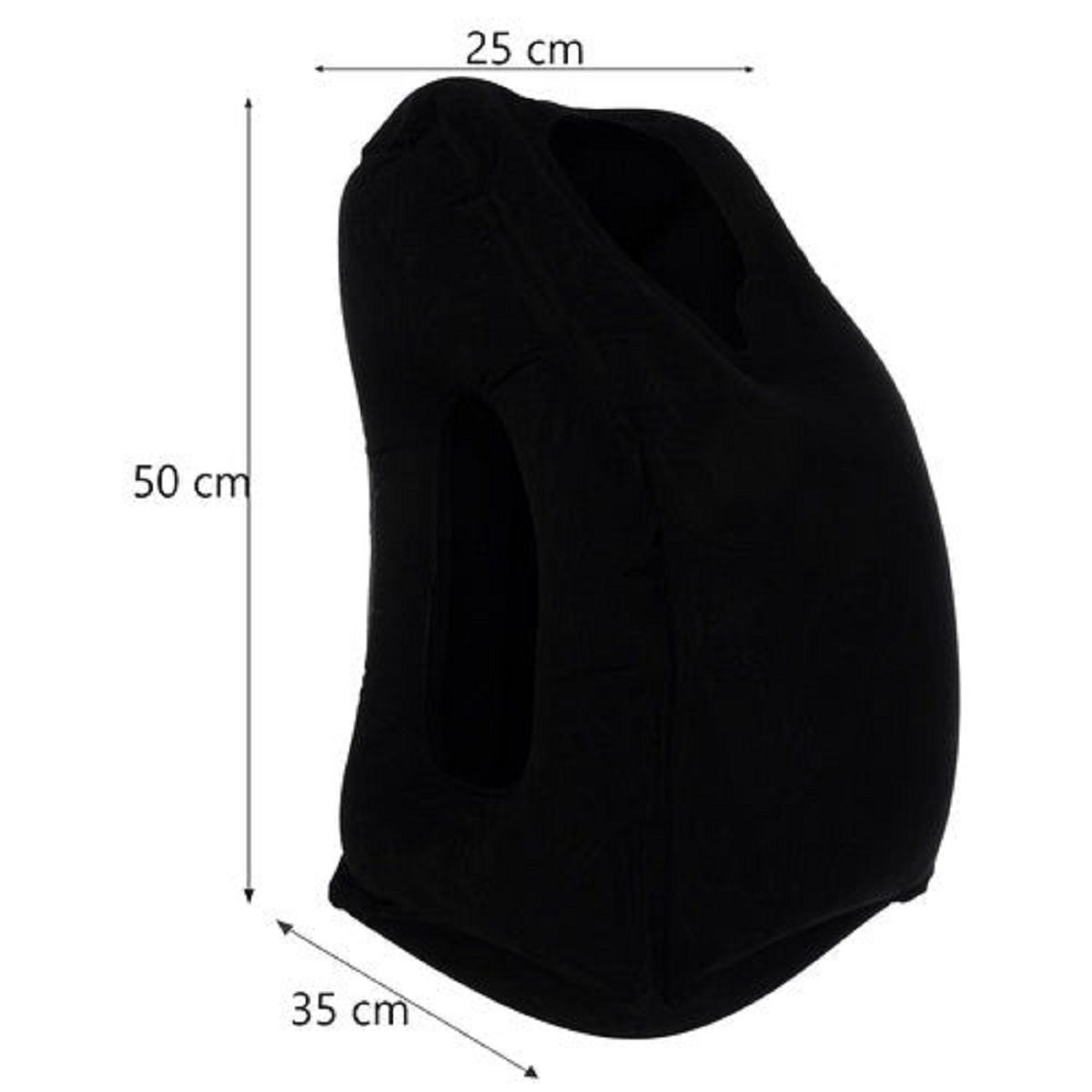 Almohada de cuello inflable negra, 50x35x25 cm, con recortes para mayor comodidad.