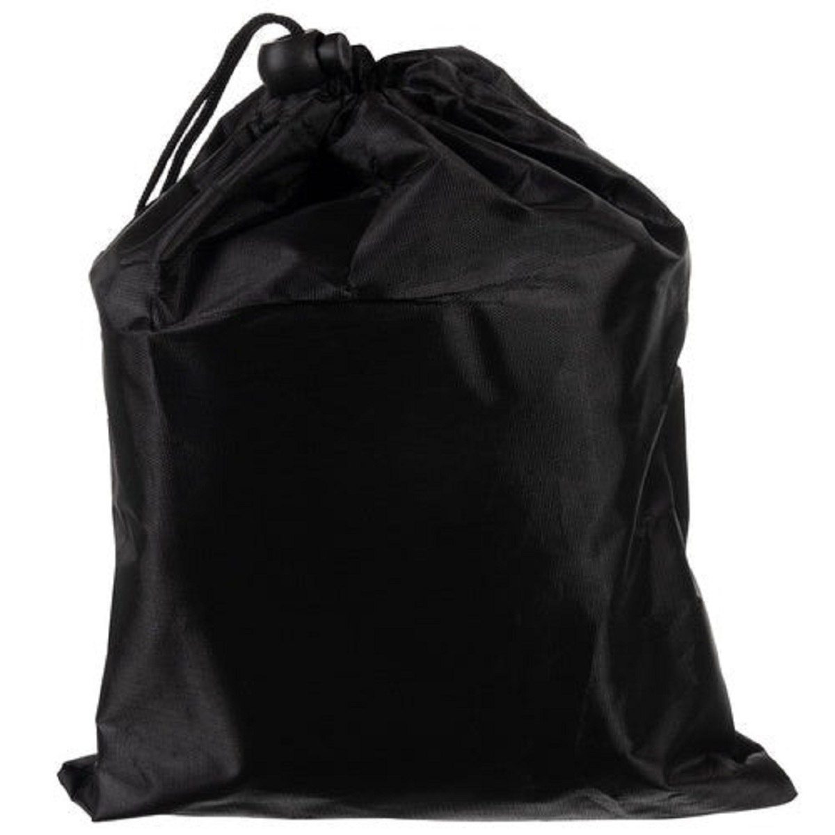Una bolsa negra de tela con cordón y cuerda en la parte superior. Fondo blanco.