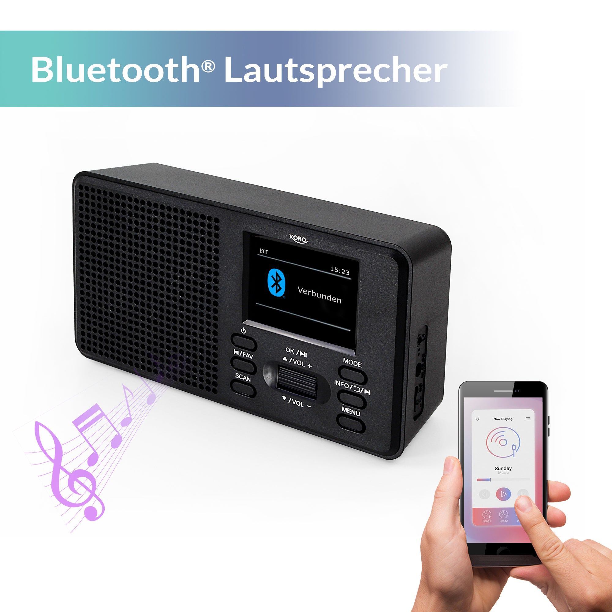 Czarny głośnik Bluetooth z wyświetlaczem i smartfonem odtwarzającym muzykę.