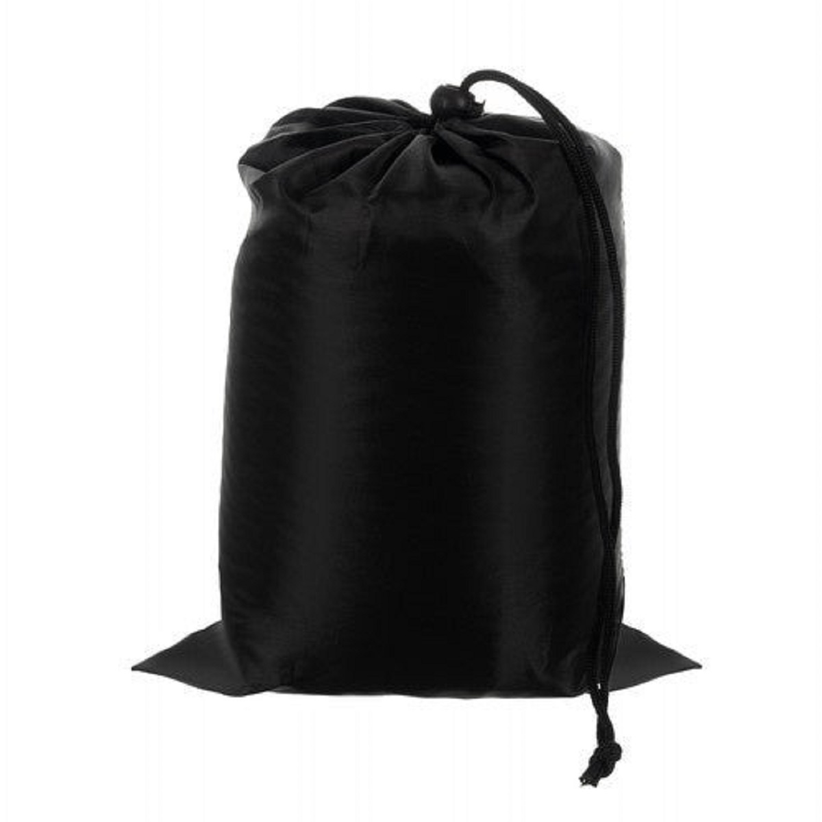 Una bolsa negra con cordón sobre fondo blanco.