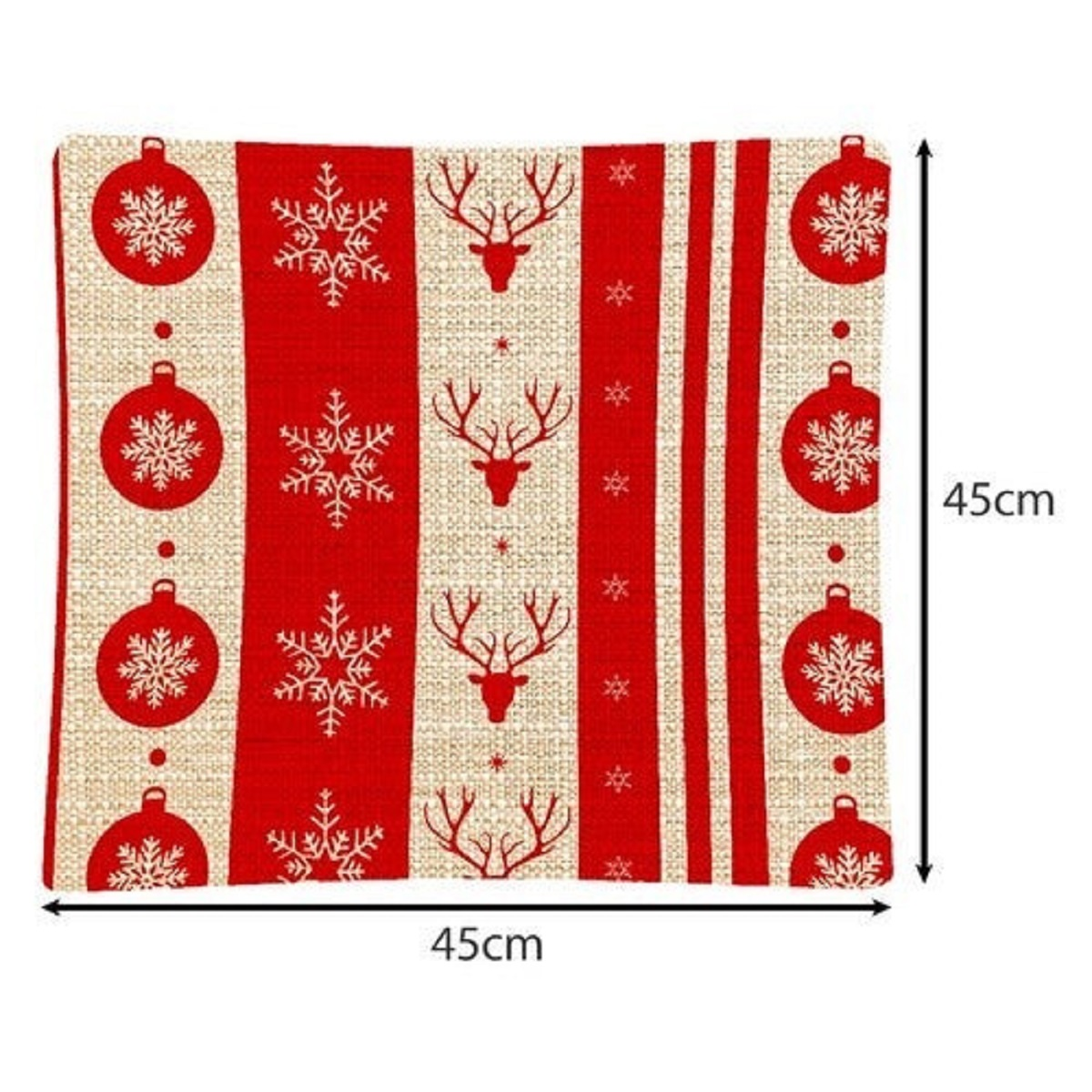 Camino de mesa navideño rojo y blanco con copos de nieve, renos y adornos, 45x45cm.