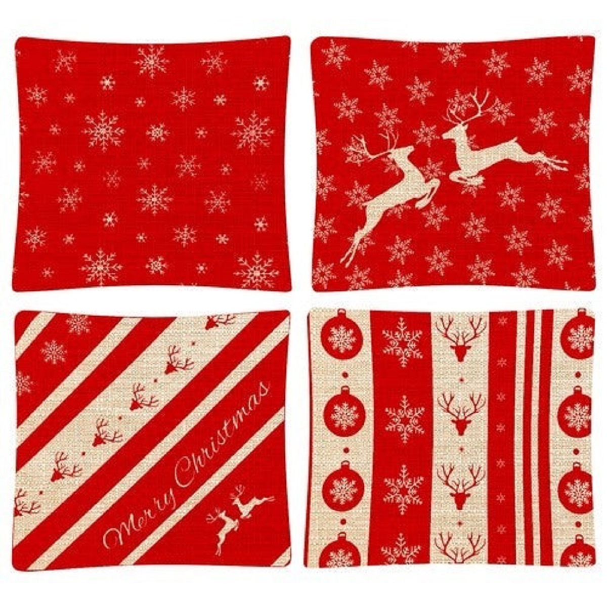 Cuatro fundas de almohada navideñas: copos de nieve, renos y rayas.