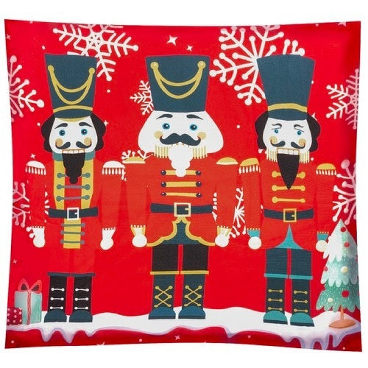 Tres figuras de cascanueces con uniformes rojos están ante un fondo rojo con copos de nieve.