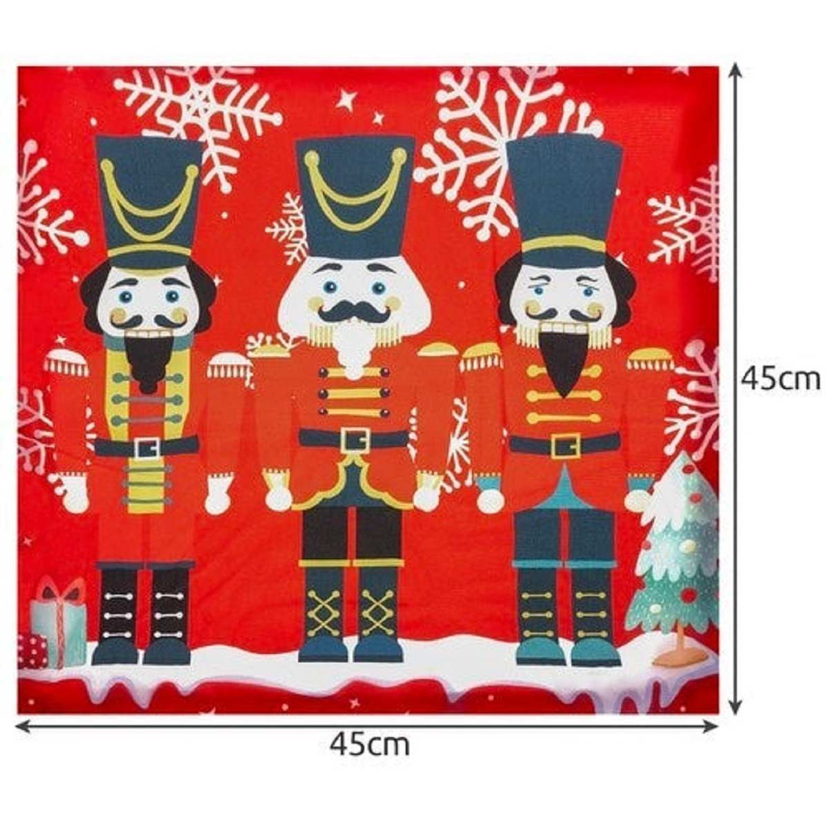 Tres cascanueces soldados con uniformes rojos frente a un fondo rojo con copos de nieve.