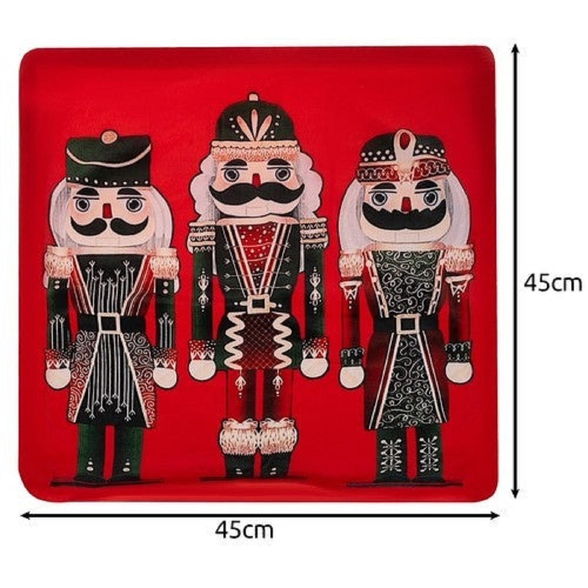 Tres figuras de cascanueces sobre fondo rojo, marcadas 45cm x 45cm.