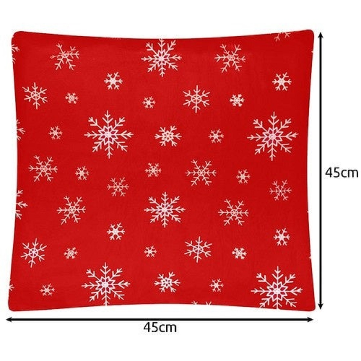 Cojín rojo con estampado de copos de nieve blancos, 45x45cm.