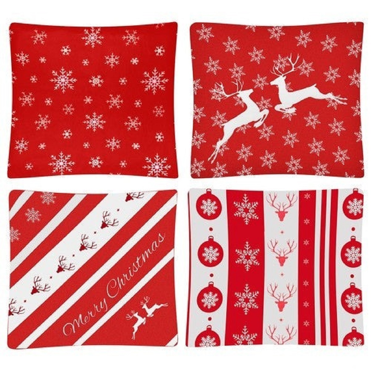 Cuatro estampados navideños en fundas de almohada rojas y blancas: copos de nieve, ciervos.