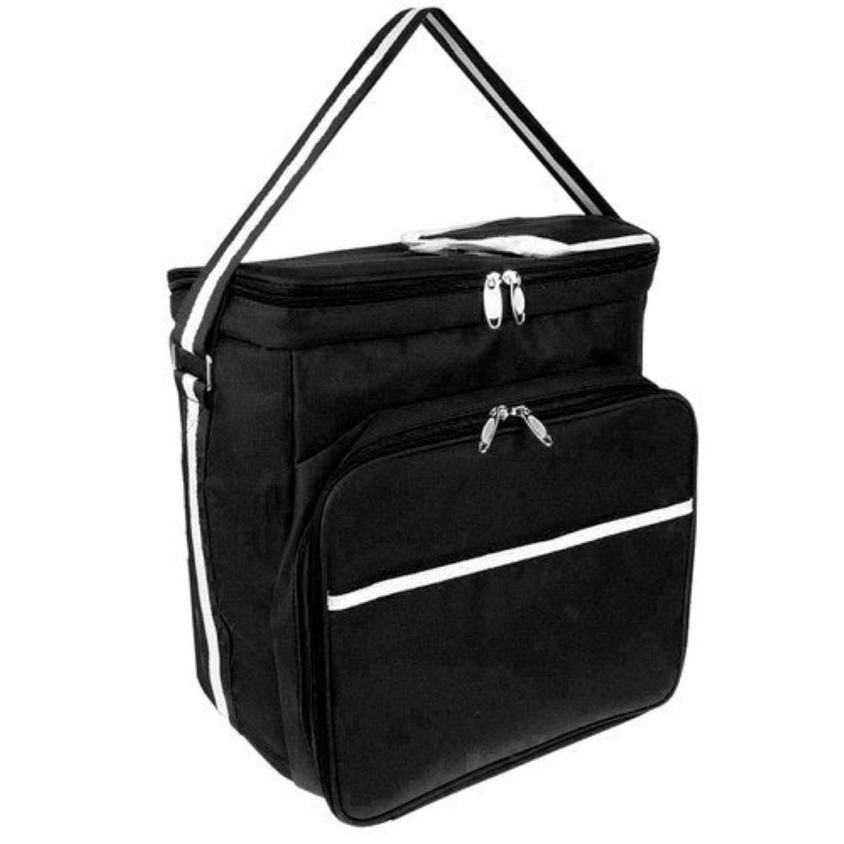 Bolsa térmica negra con rayas blancas y cremalleras.