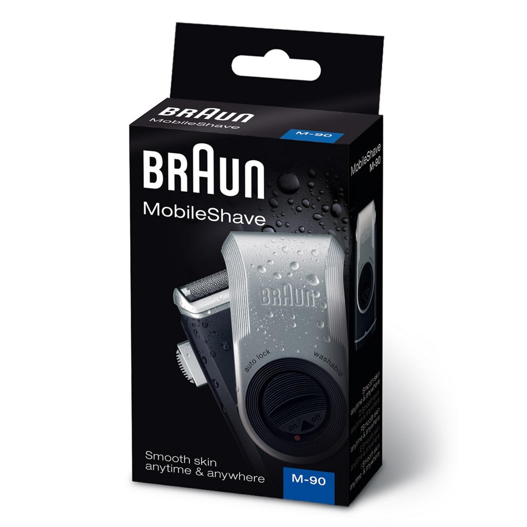 Confezione Braun MobileShave M-90 con immagine di rasoio bagnato.