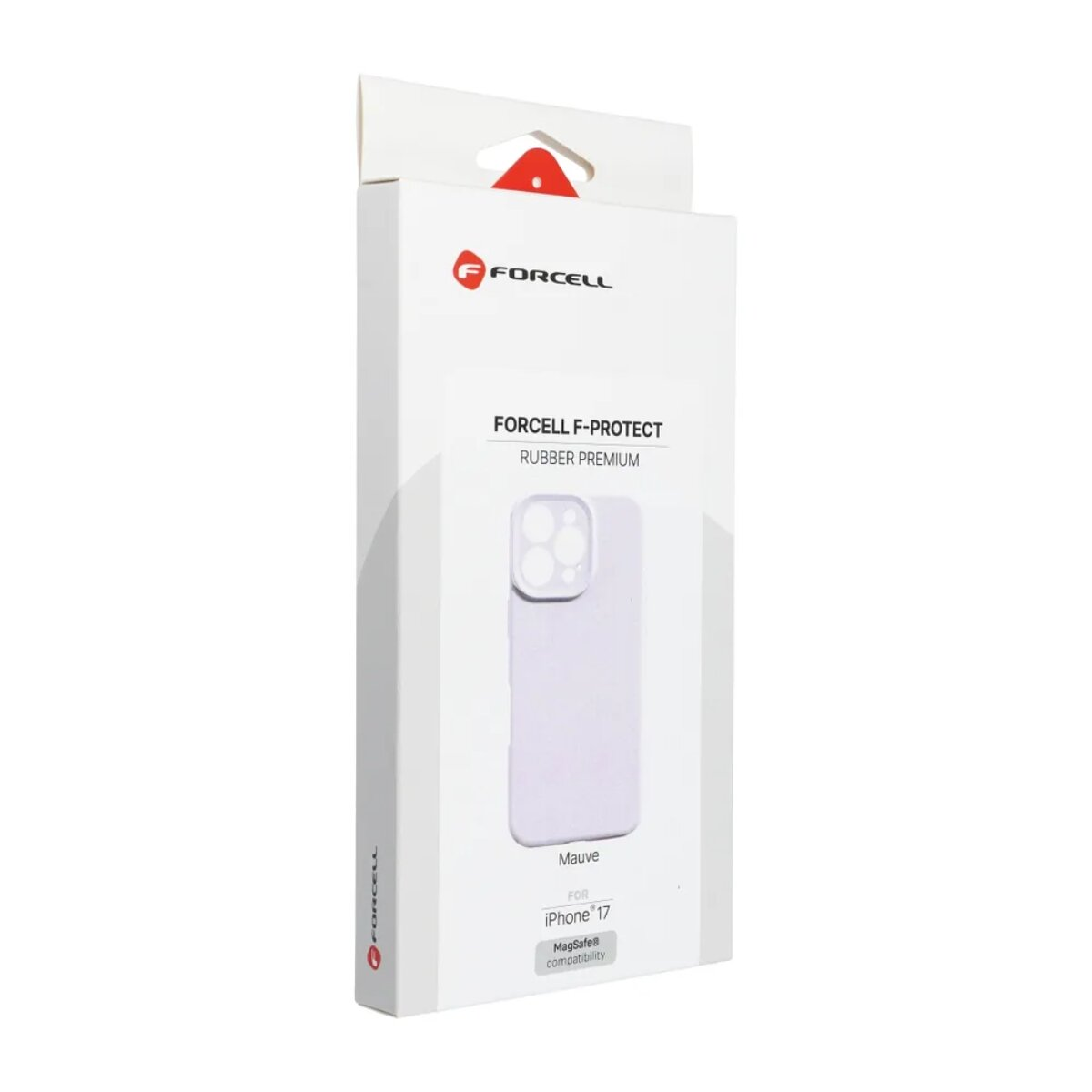 Weiße Verpackung mit lilafarbener Hülle für iPhone 17, "FORCELL F-PROTECT".