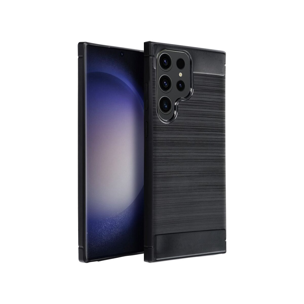 Ein schwarzes Smartphone mit einer Kameragruppe auf der Rückseite, daneben ein Handyhülle.