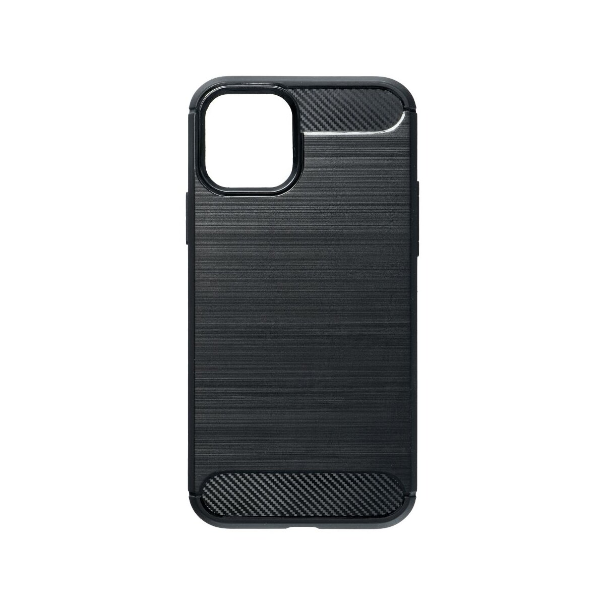Een zwarte telefoonhoes met carbon fiber accenten en geborstelde textuur.