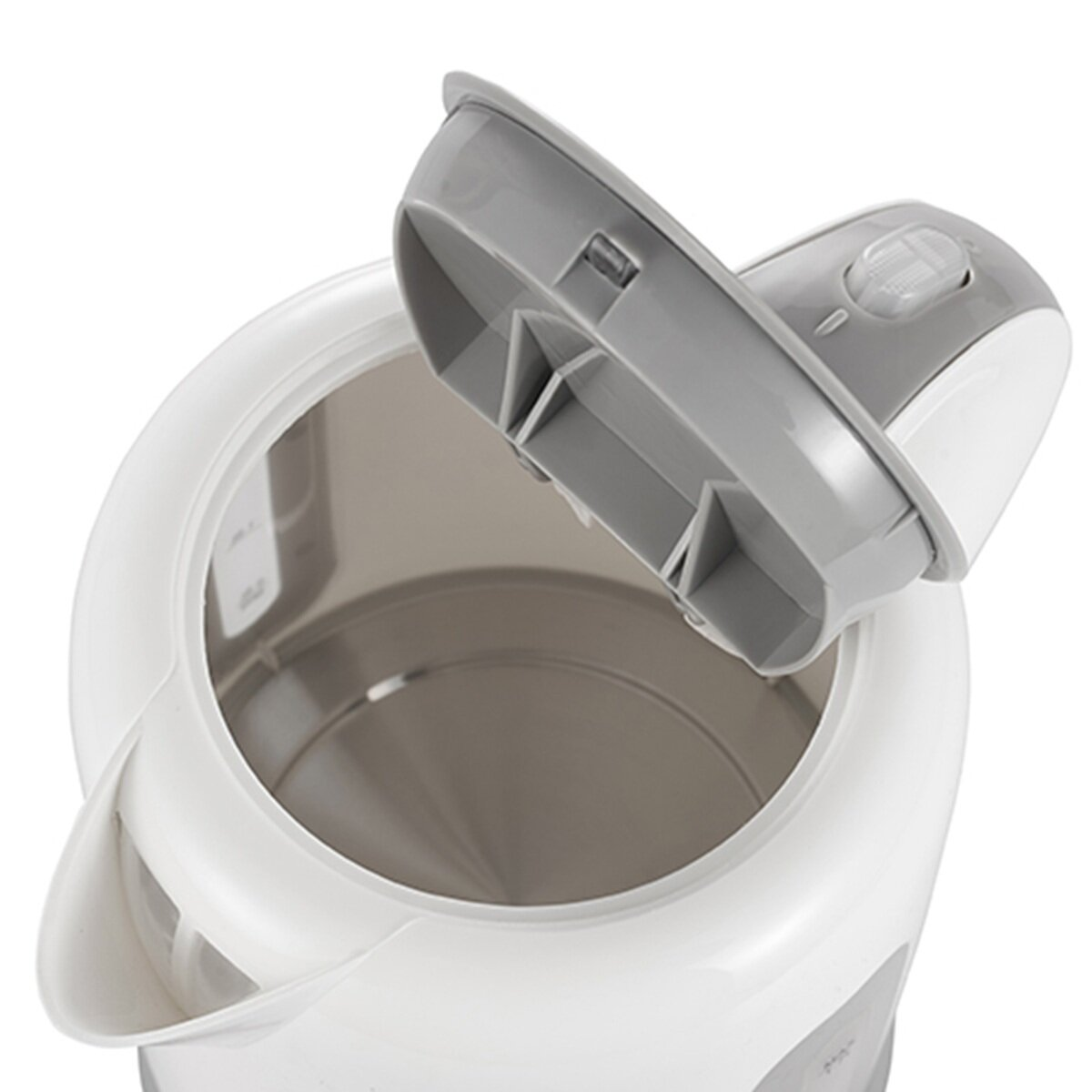 Een witte waterkoker met open grijze deksel, interieur zichtbaar.