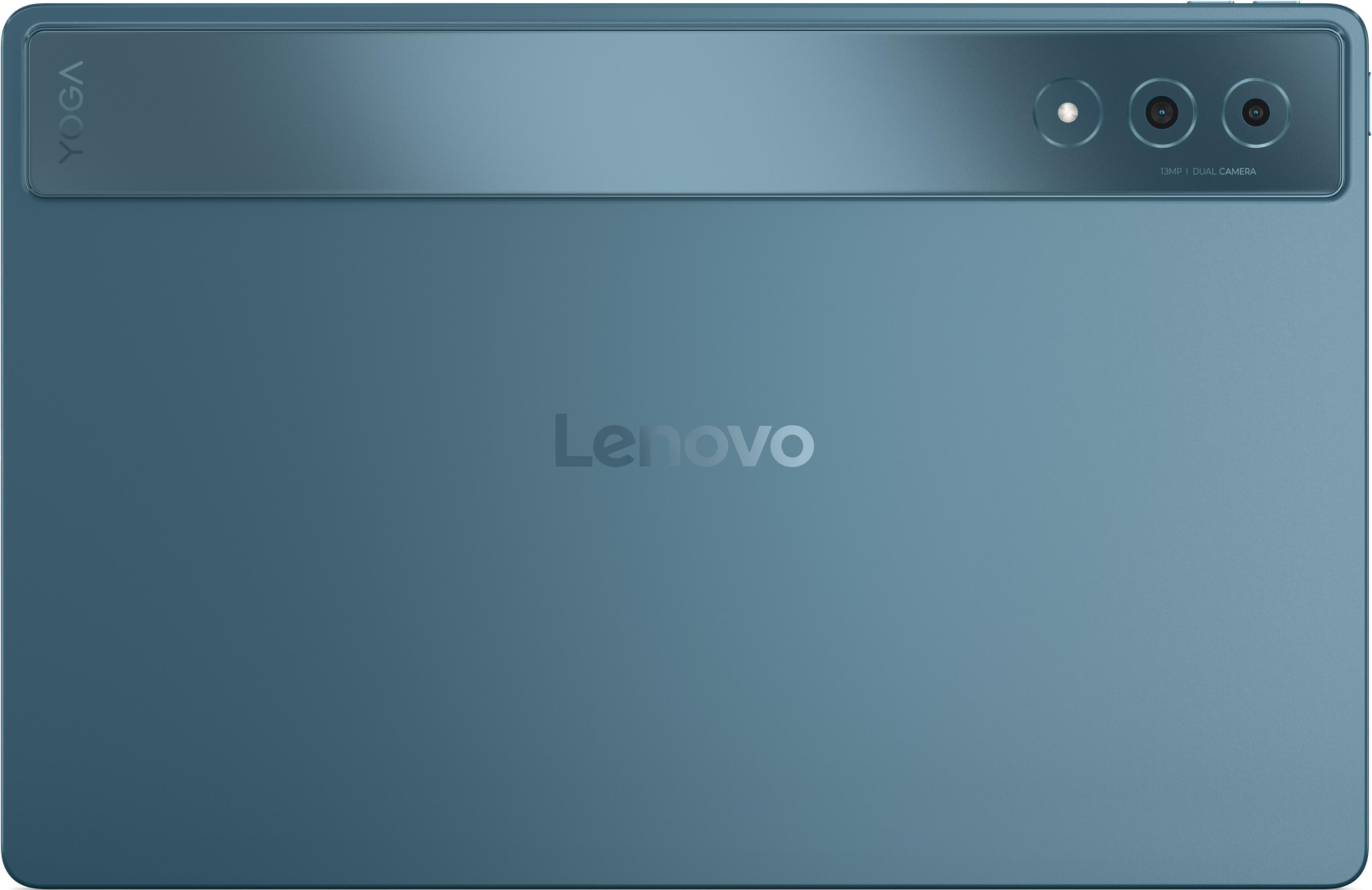 Ein blaues Tablet mit "YOGA" und "Lenovo" Logo und drei Kameras.