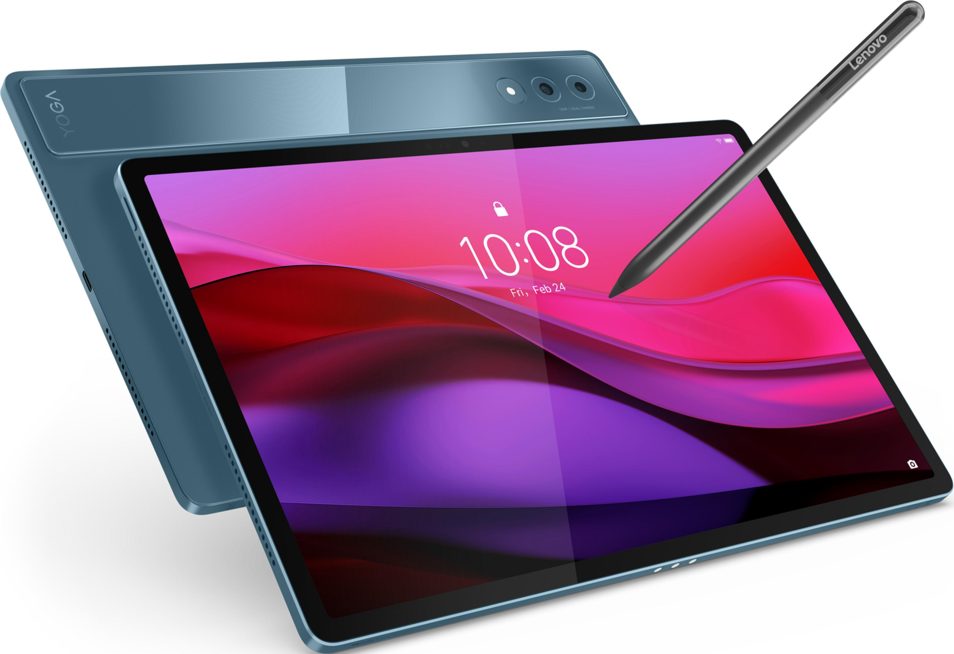 Ein blauer Lenovo Yoga Tablet mit Stift, zeigt 10:08 Uhr auf dem Bildschirm.