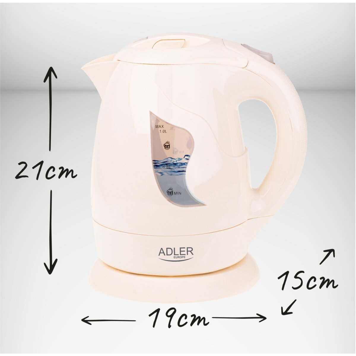 Une bouilloire électrique crème avec indicateur de niveau, env. 21cm.