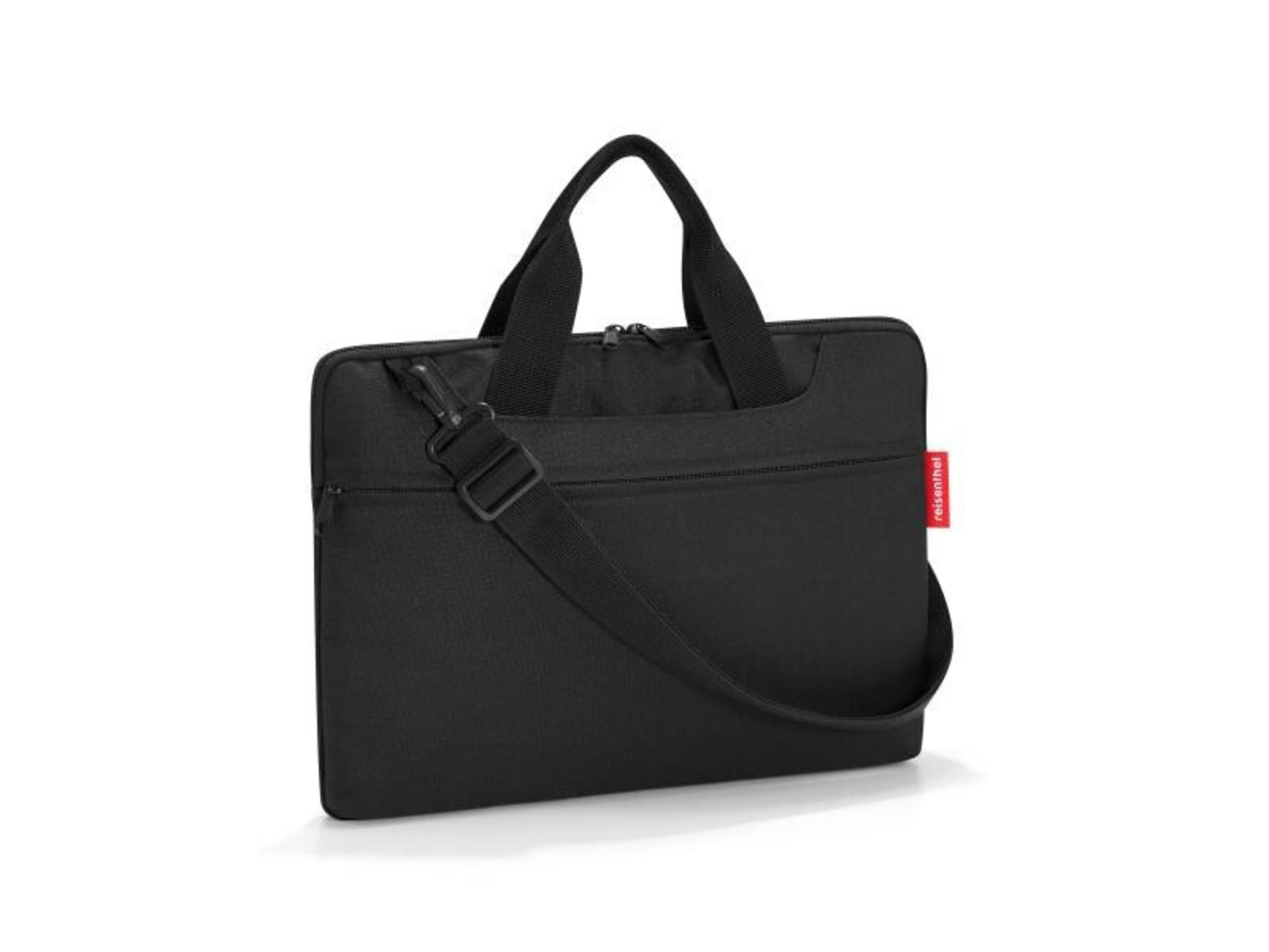 Borsa nera per laptop con manici e tracolla. Logo rosso e bianco.