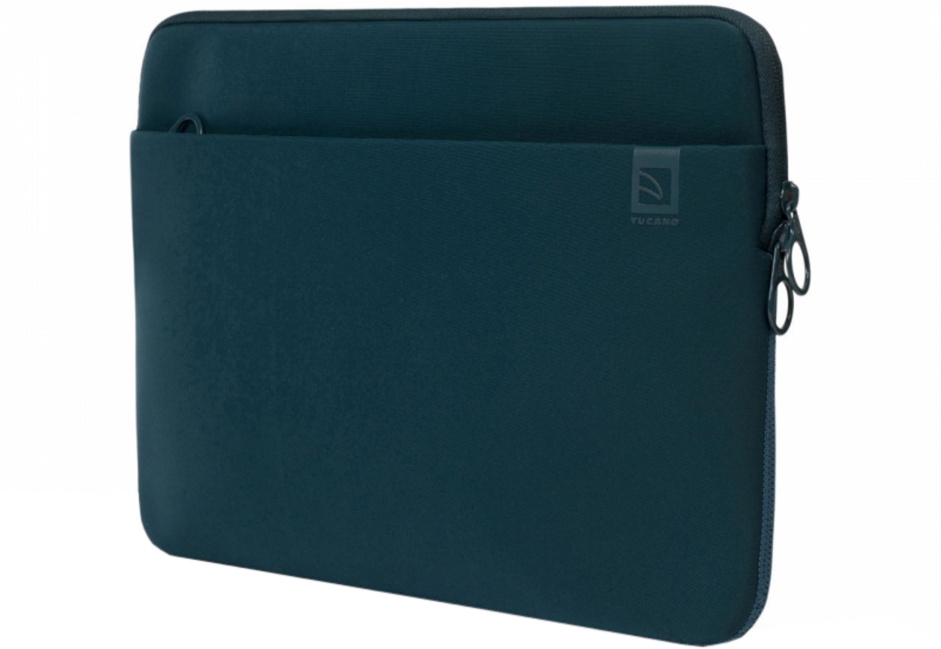 Custodia blu petrolio per laptop con cerniera e tasca frontale.