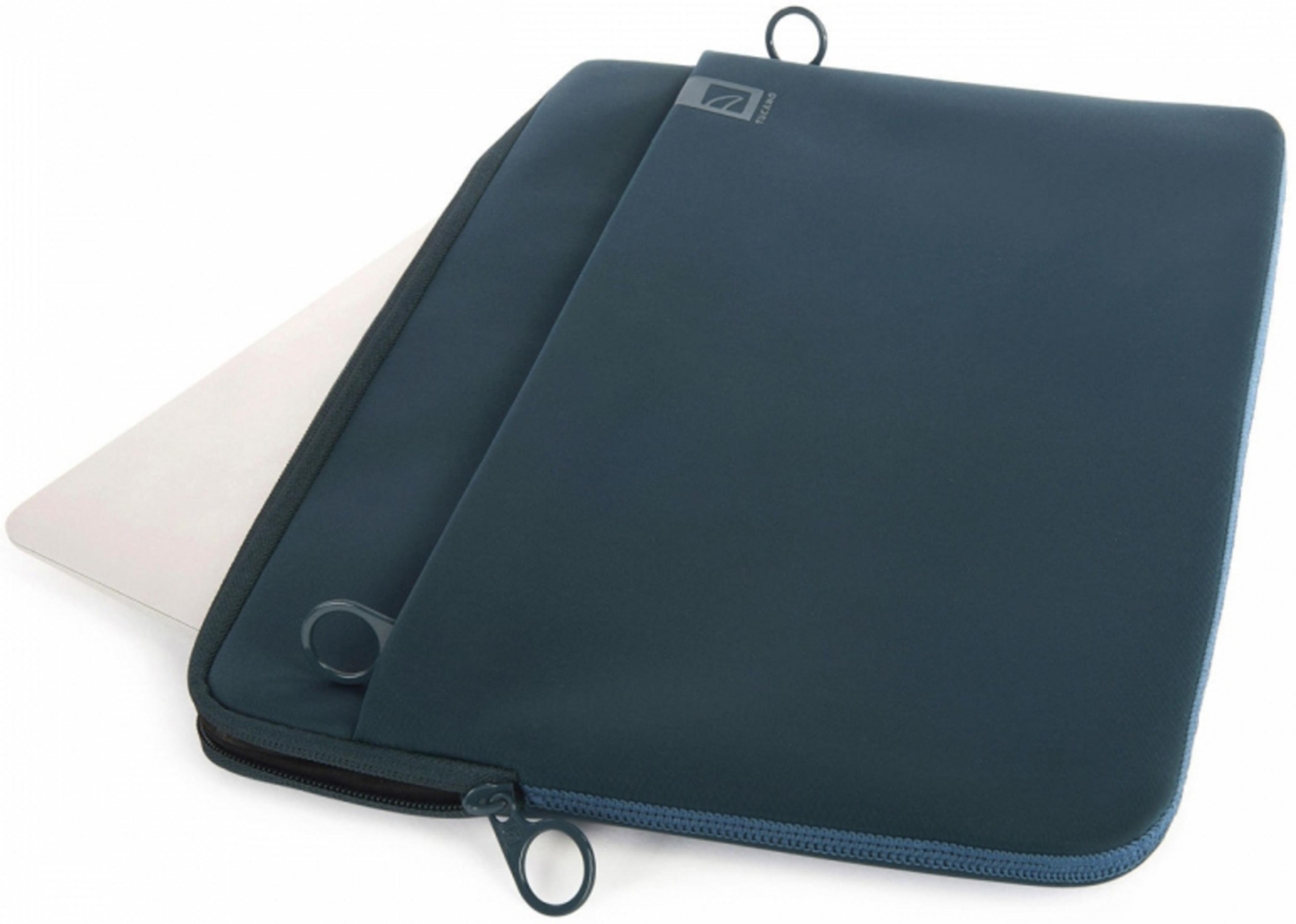 Custodia blu scuro in neoprene per laptop con logo argento e zip.