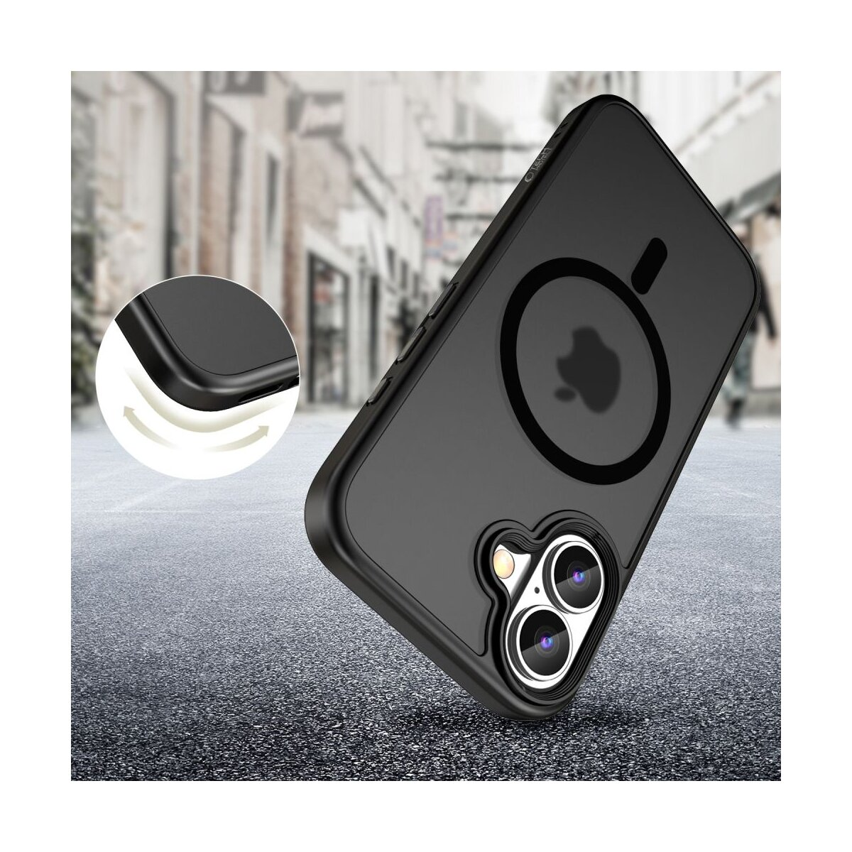 Schwarzes iPhone-Case mit MagSafe-Ring und Kameraobjektiven auf grauem Asphalt.