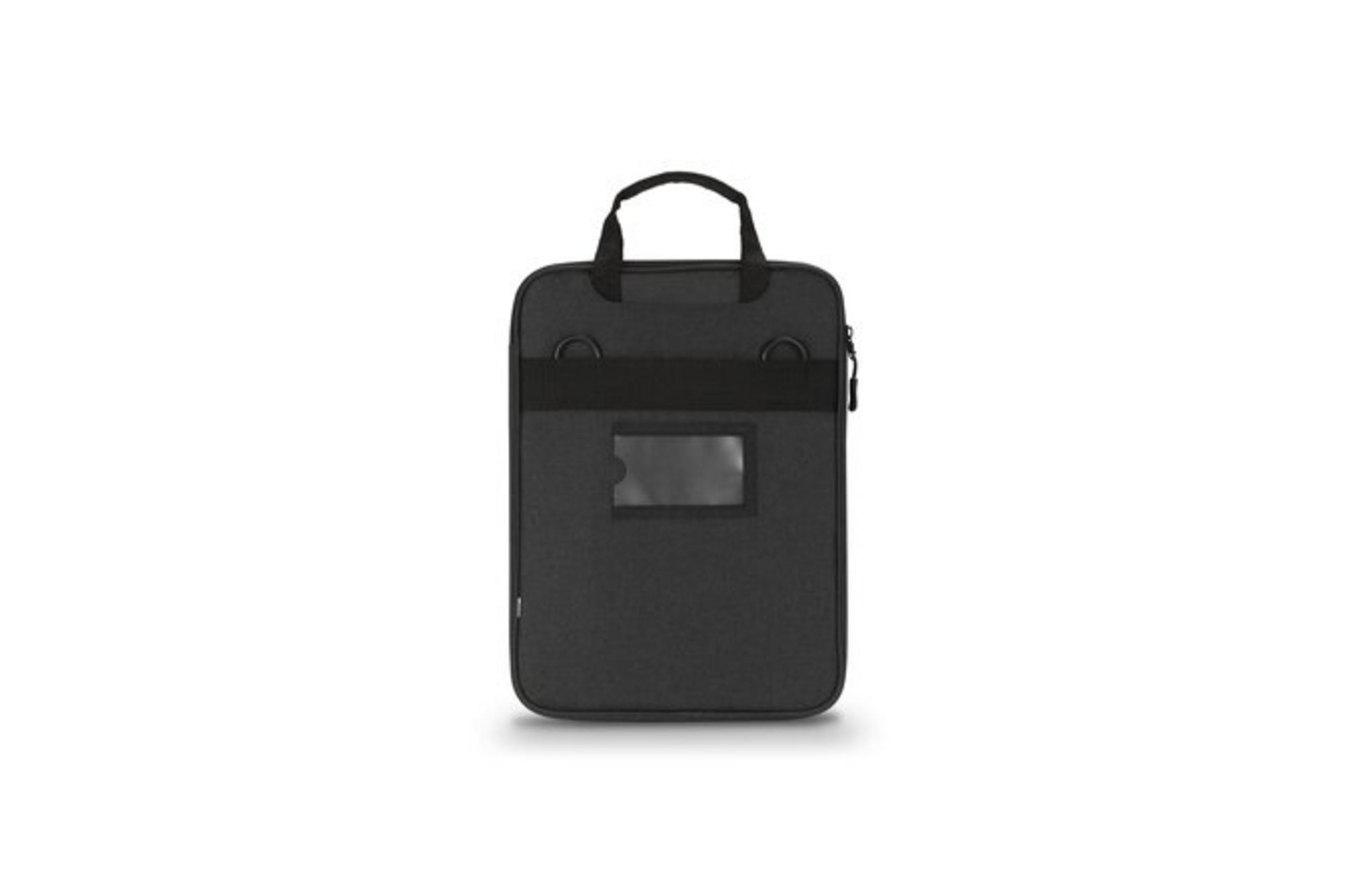 Borsa nera con manici e tasca trasparente.