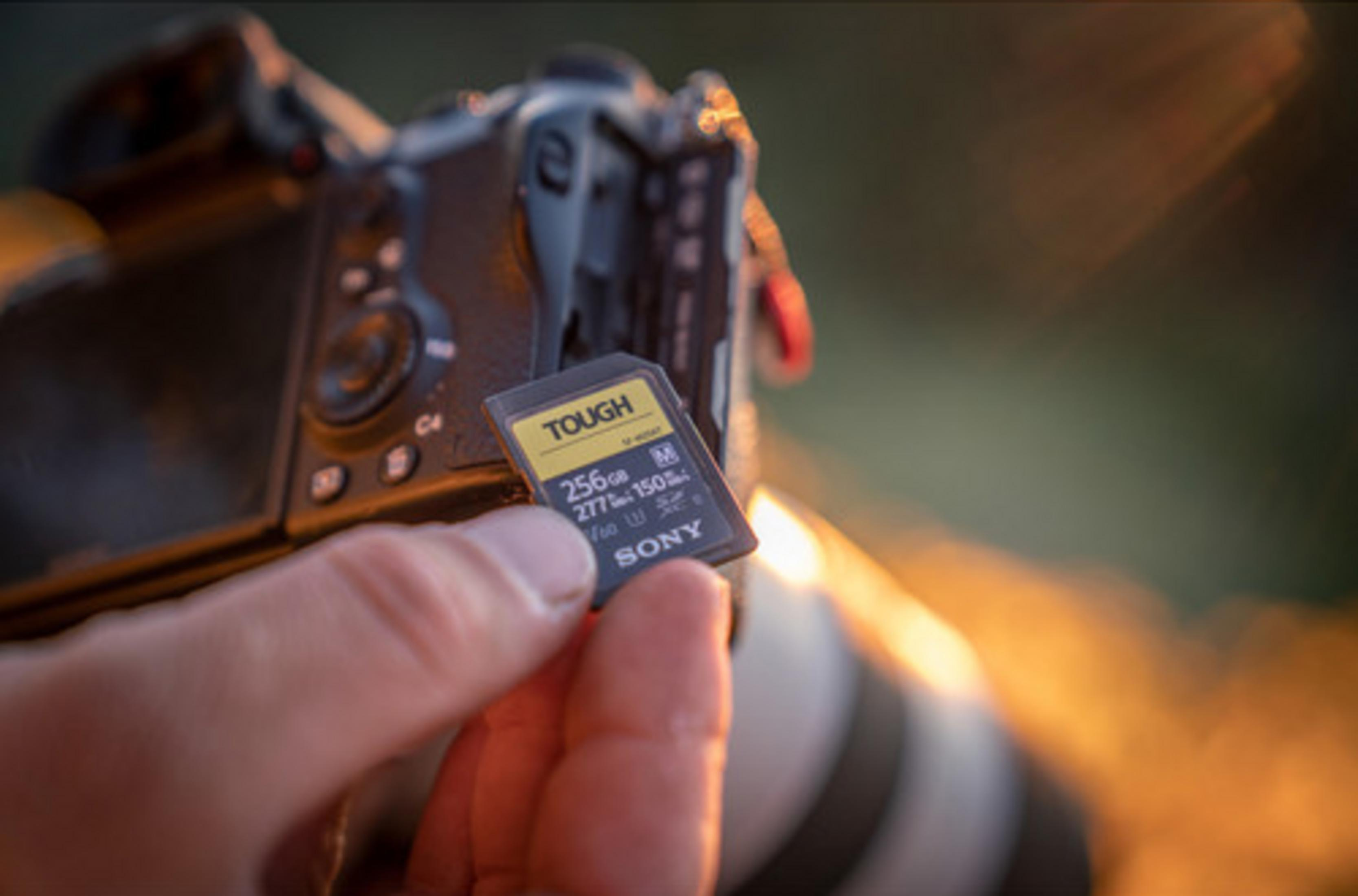 Eine Hand hält eine Sony TOUGH 256GB SD-Karte vor einer Kamera.
