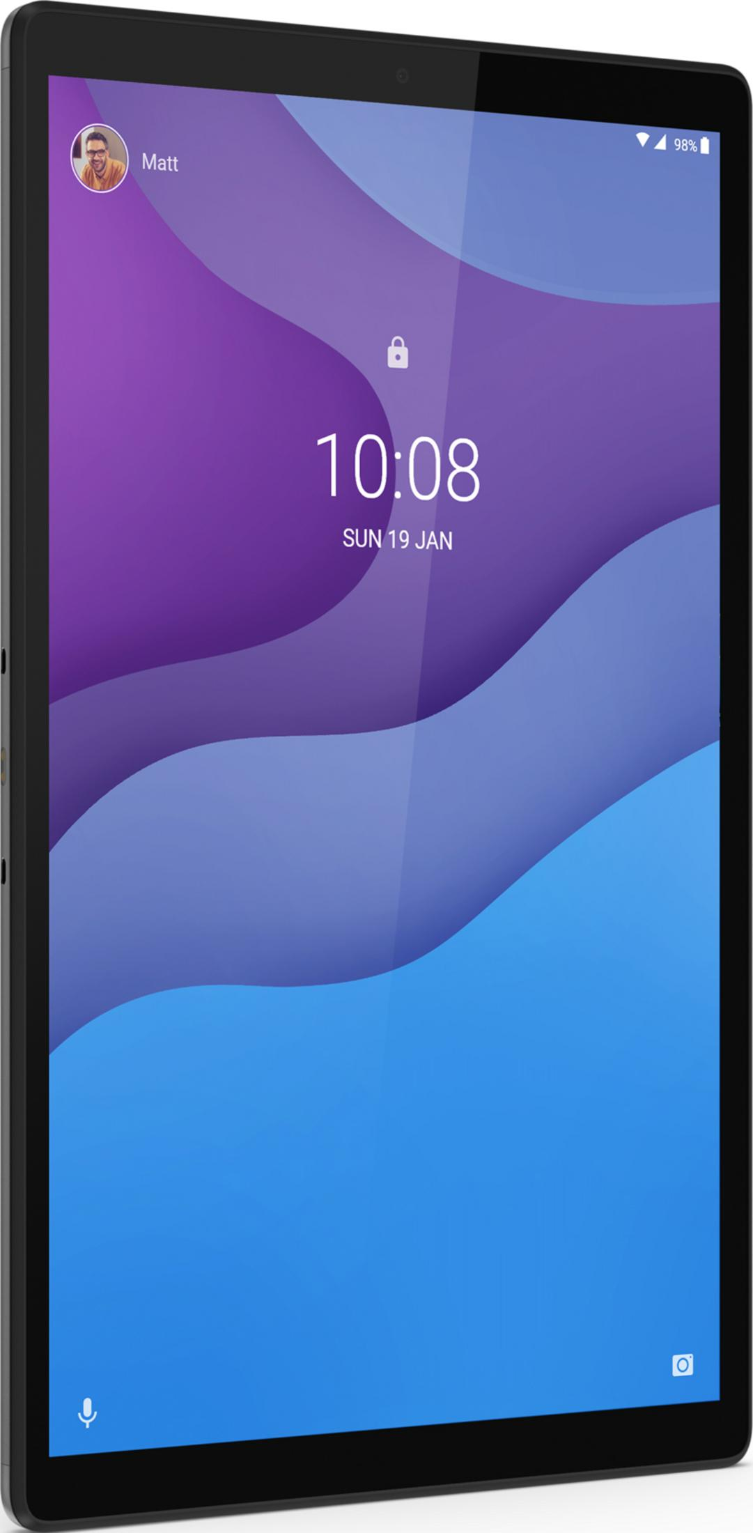 Tablet z fioletowo-niebieskim falistym tłem pokazuje 10:08.
