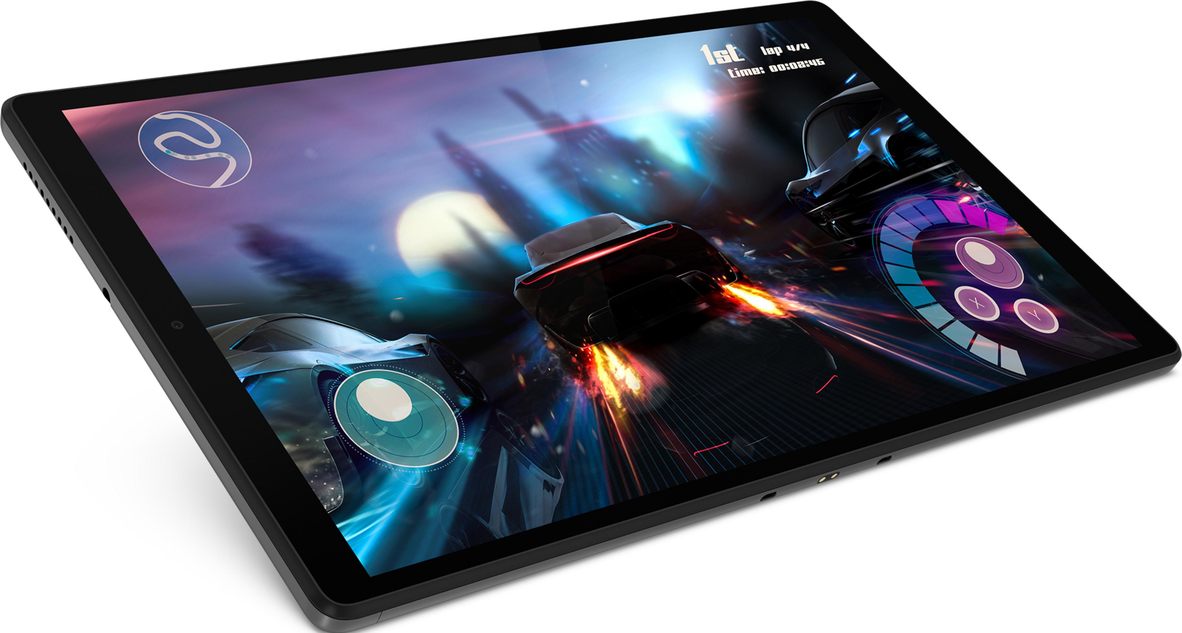 Tablet wyświetla wyścig samochodowy z grafiką 3D, ogniem i miastem.