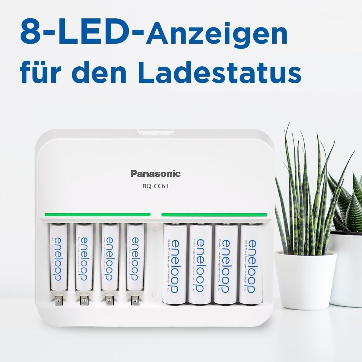 Panasonic Ladegerät mit 8 Eneloop AA Batterien und Pflanzen.