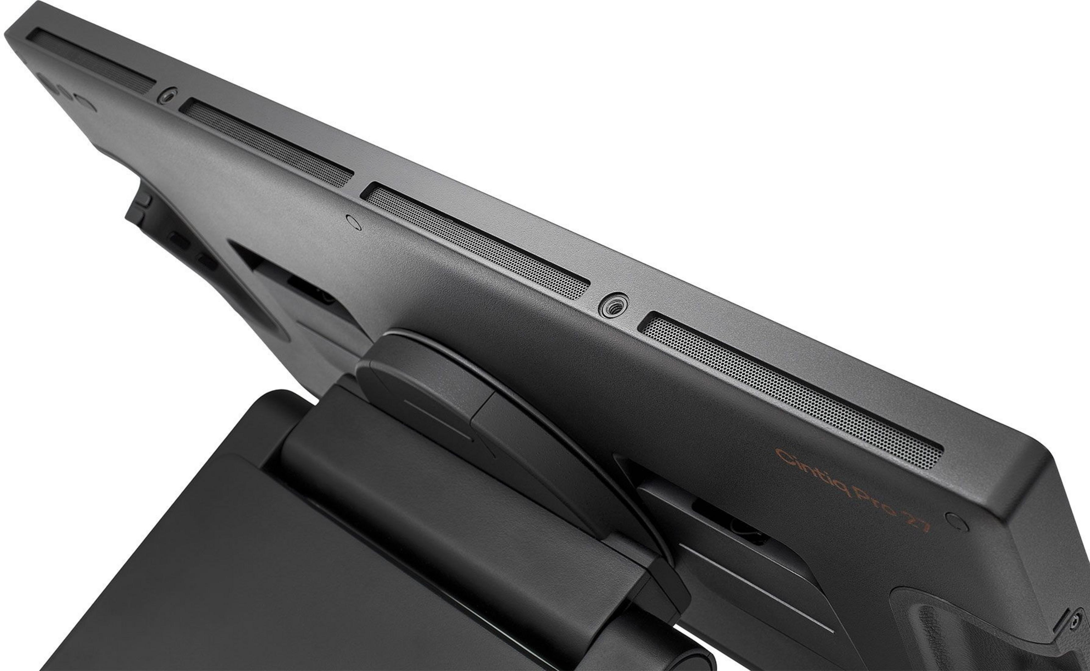 Czarny stojak na monitor z częścią ciemnego monitora pochyloną ku górze.