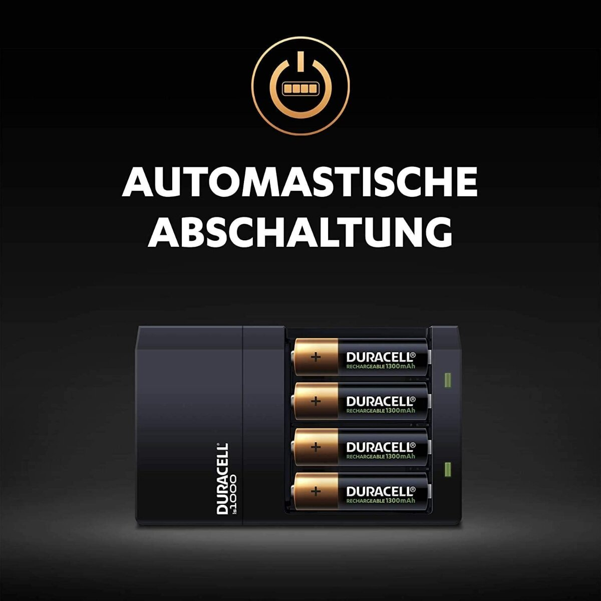 Ladegerät mit vier Duracell-Akkus und Text 'Automatische Abschaltung'.