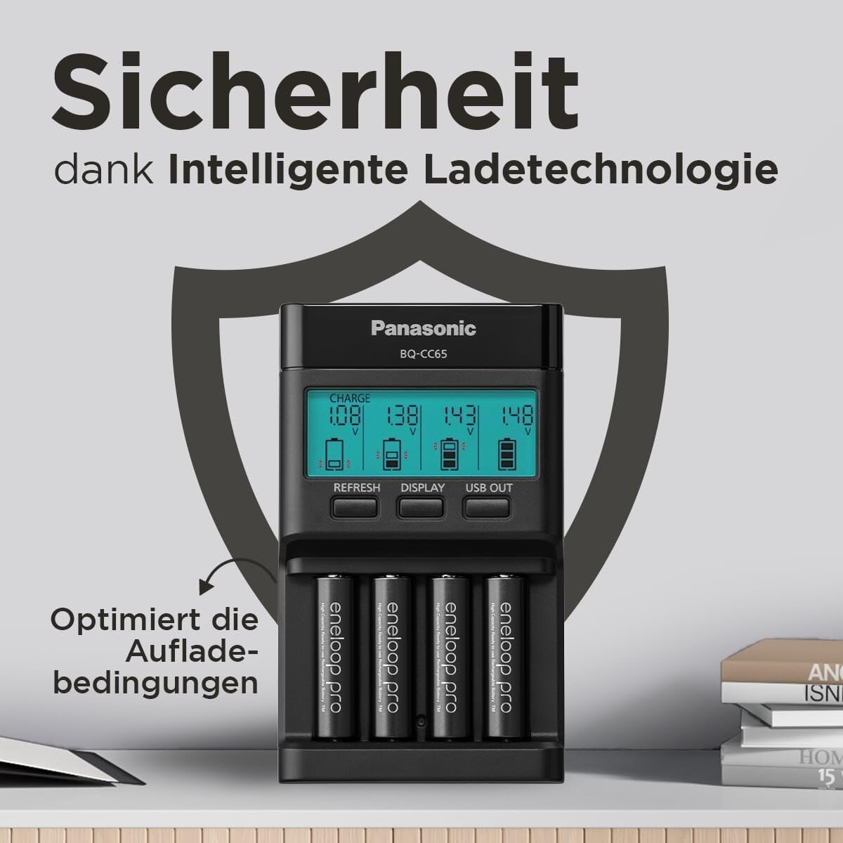 Caricabatterie Panasonic con 4 batterie Eneloop Pro e display LCD.