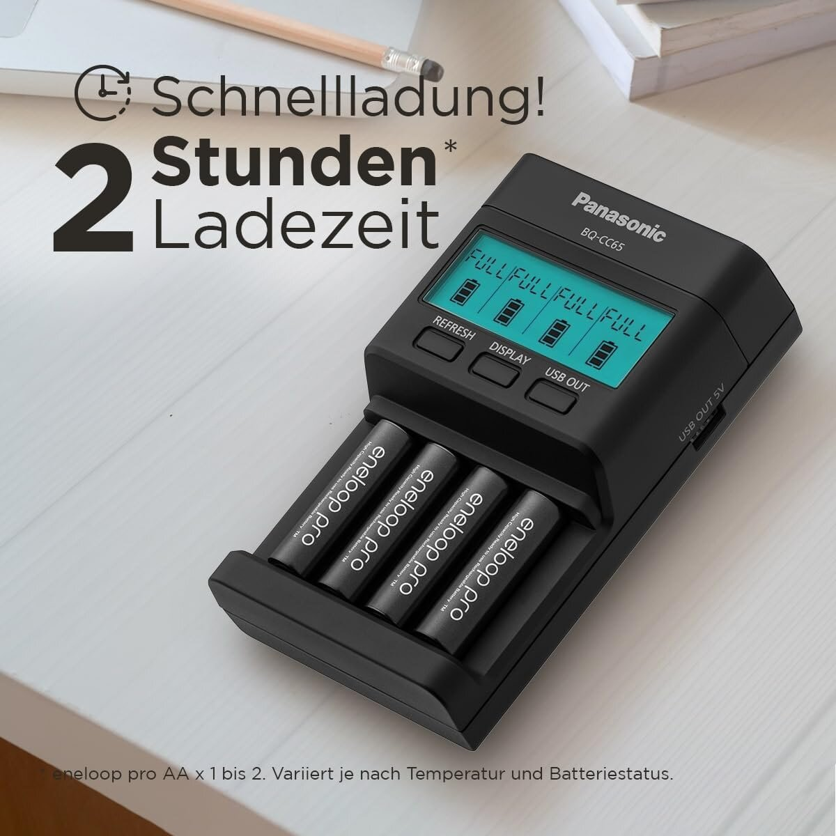 Caricatore Panasonic con quattro batterie Eneloop AA, tempo di ricarica 2 ore.