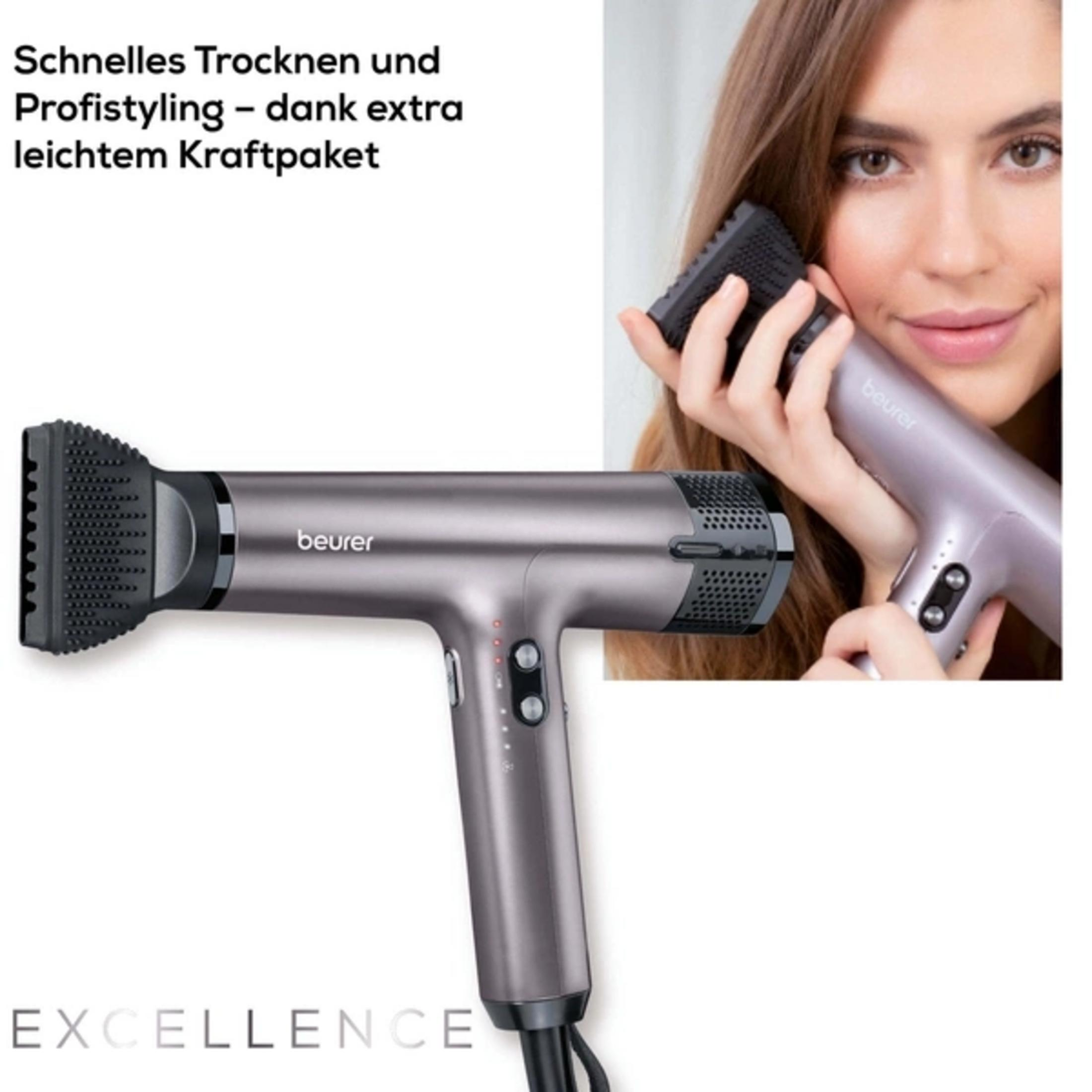 Gray Beurer hairdryer with attachment and woman holding a comb.