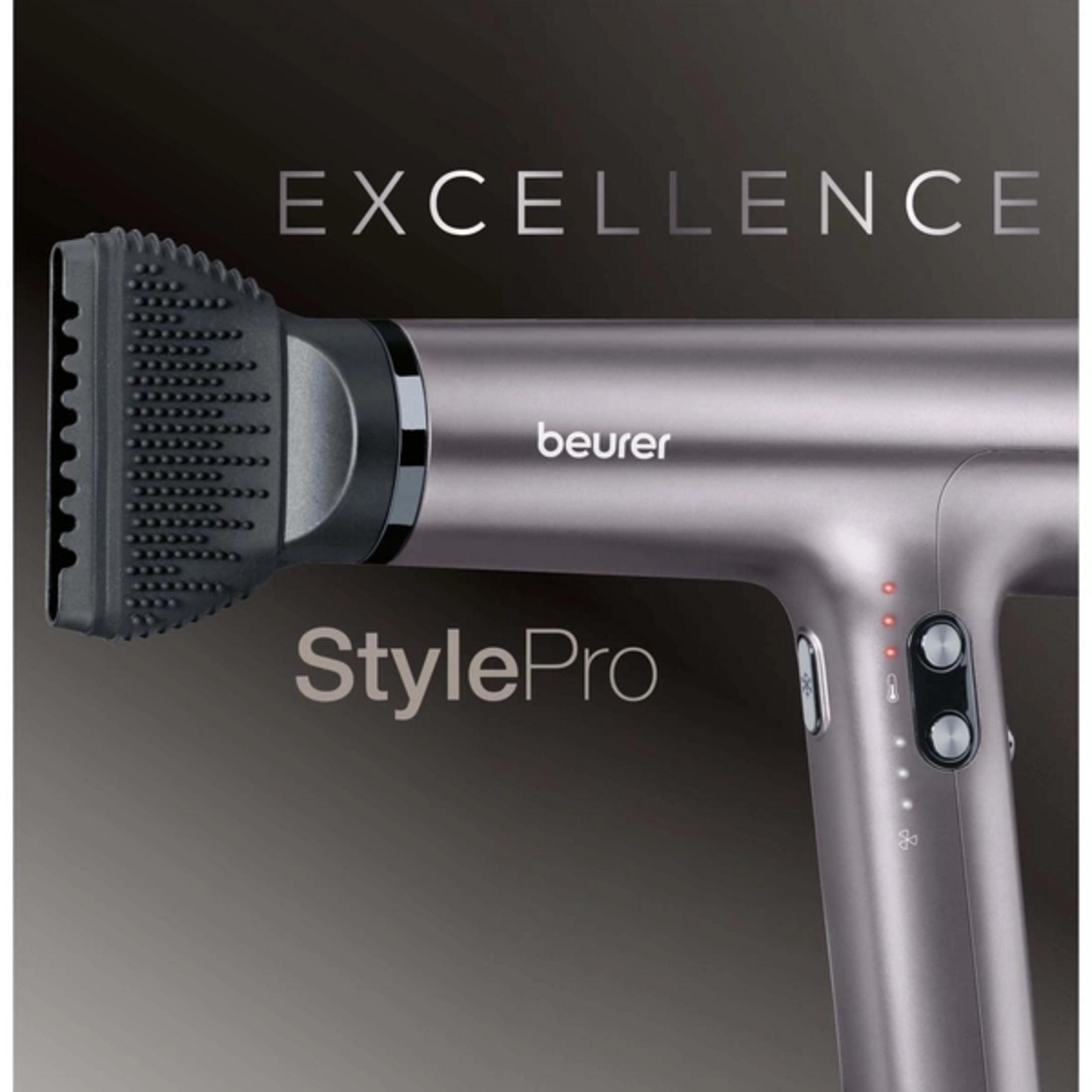 Gray hairdryer with black diffuser and controls. Text: EXCELLENCE, beurer, StylePro.